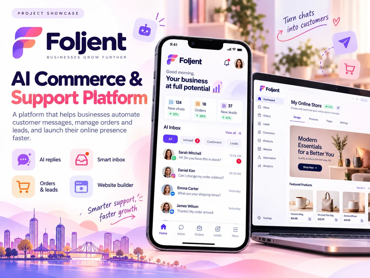 Foljent presentation artwork with illustrative shared inbox and online store interfaces