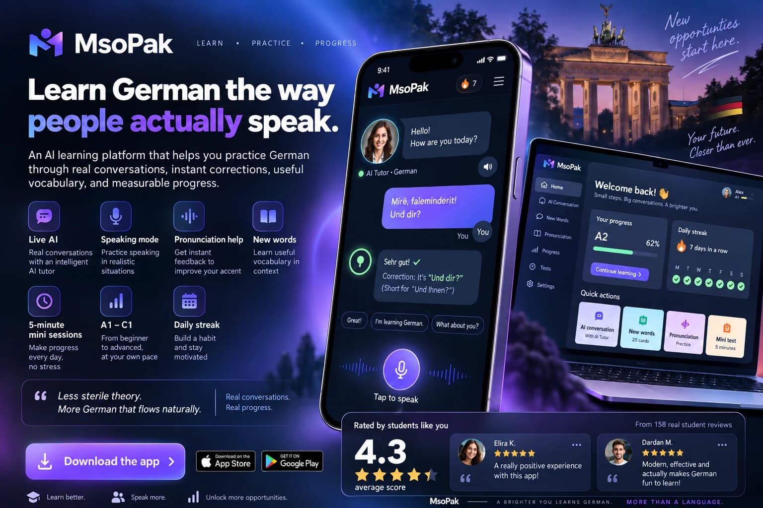 MsoPak presentation artwork with illustrative German learning and AI practice interfaces